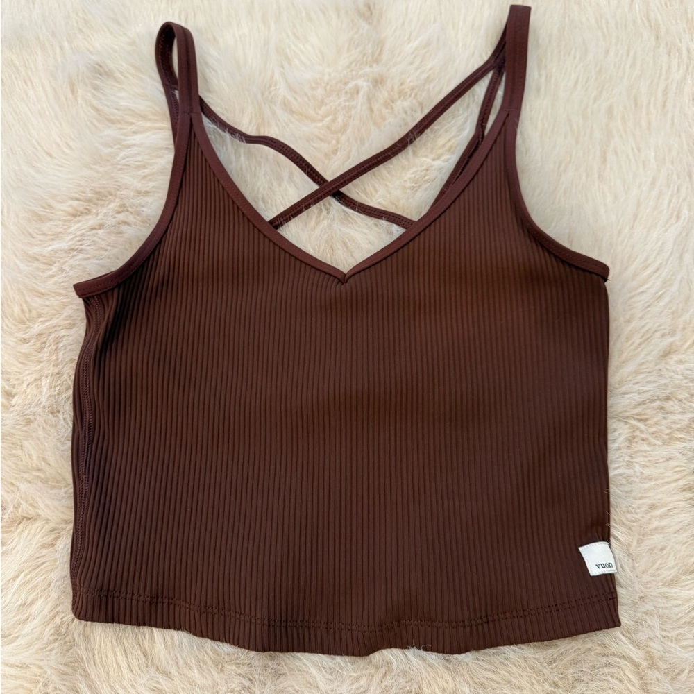 Vuori Ribbed Strappy Crop Tank Bra Top Brown Size M